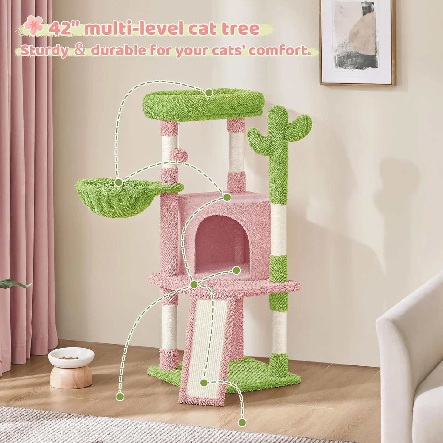 Cactus Cat Tree, 42In Cat Tower for Indoor Cats, Multi Level Kitten Condo Scratching Post, Cat Activity Center Pet Furniture W/Ball, Plush Perch, Platform, Basket