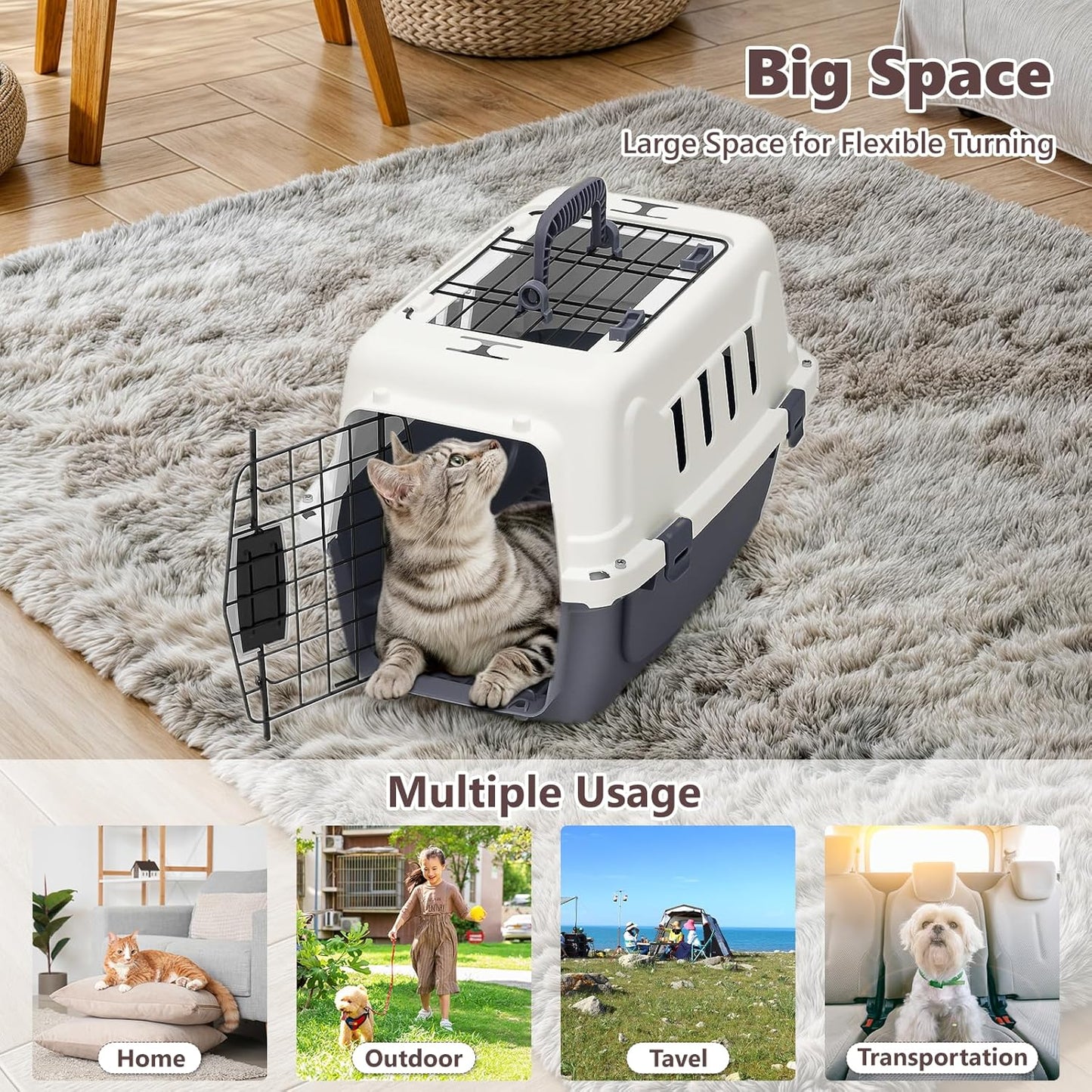 Hard-Sided Travel Pet Carrier for Small Dogs and Cats, Plastic Dog Carriers with 2-Door Top & Front Load & Ventilation & Security Lock, Cat Dog Carrier for Pet, up to 10Lbs, Grey