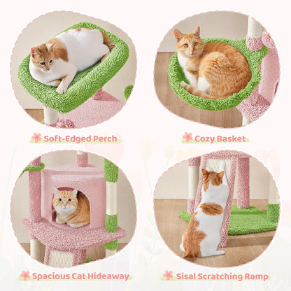 Cactus Cat Tree, 42In Cat Tower for Indoor Cats, Multi Level Kitten Condo Scratching Post, Cat Activity Center Pet Furniture W/Ball, Plush Perch, Platform, Basket