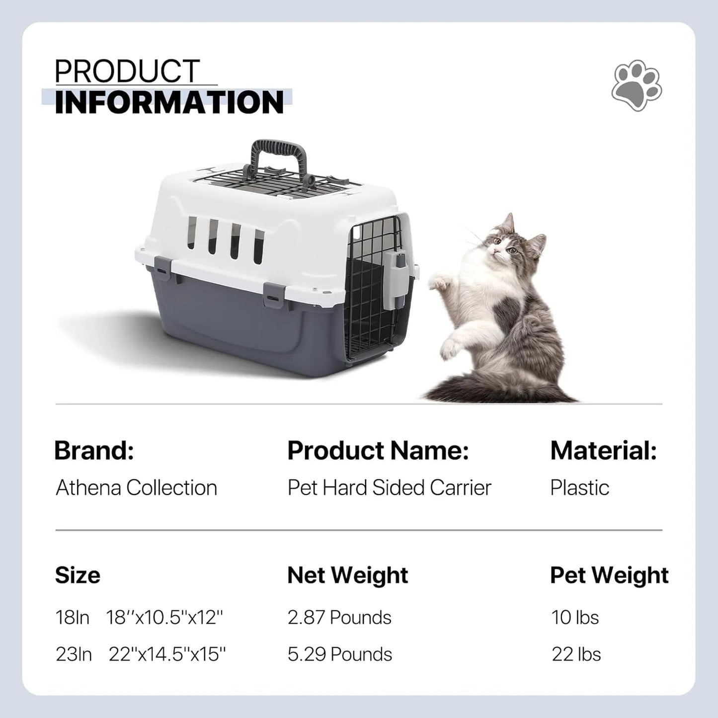 Hard-Sided Travel Pet Carrier for Small Dogs and Cats, Plastic Dog Carriers with 2-Door Top & Front Load & Ventilation & Security Lock, Cat Dog Carrier for Pet, up to 10Lbs, Grey