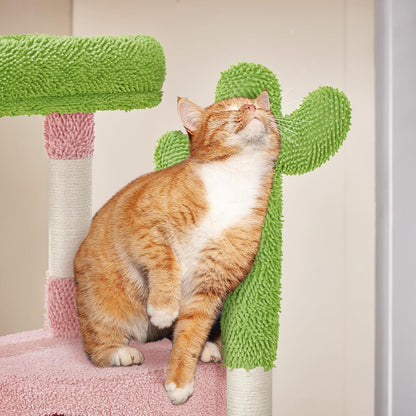 Cactus Cat Tree, 42In Cat Tower for Indoor Cats, Multi Level Kitten Condo Scratching Post, Cat Activity Center Pet Furniture W/Ball, Plush Perch, Platform, Basket