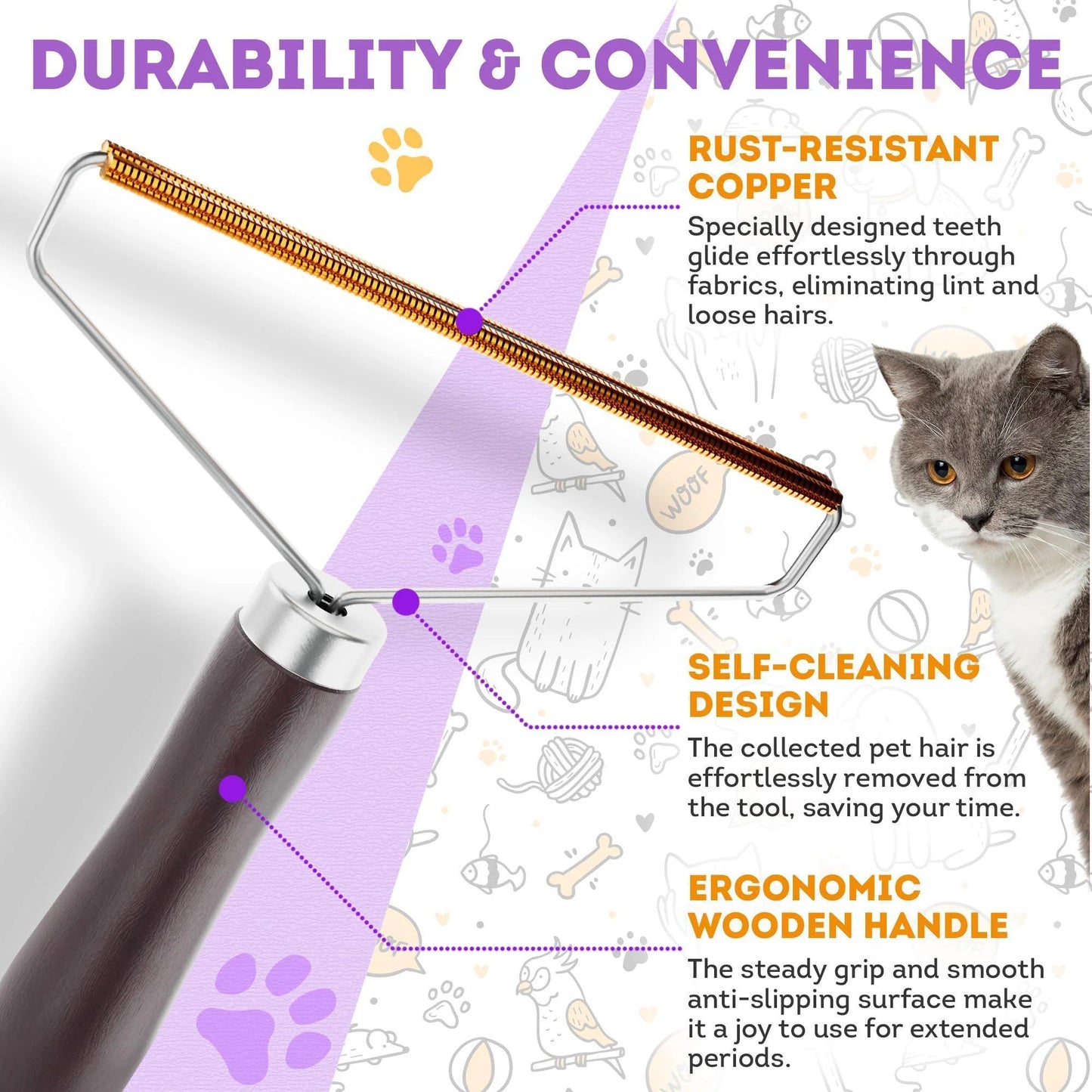 Pet Hair Remover for Furniture Cat and Dog Fur Remover Tool Reusable Lint Cleaner with Copper Teeth Cutters and Wooden Handle Metal Pet Hair Removal Tool for Carpet Portable Couch Cleaner