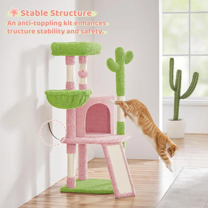Cactus Cat Tree, 42In Cat Tower for Indoor Cats, Multi Level Kitten Condo Scratching Post, Cat Activity Center Pet Furniture W/Ball, Plush Perch, Platform, Basket