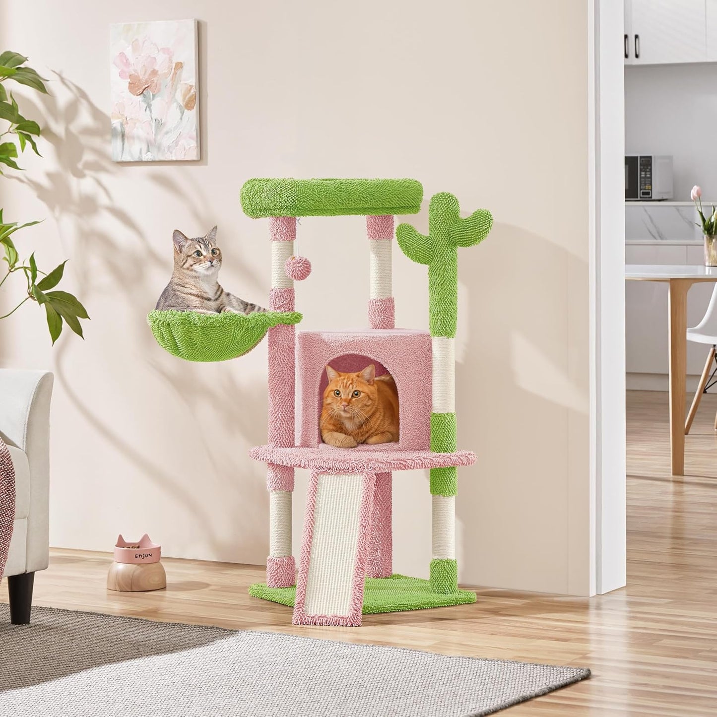 Cactus Cat Tree, 42In Cat Tower for Indoor Cats, Multi Level Kitten Condo Scratching Post, Cat Activity Center Pet Furniture W/Ball, Plush Perch, Platform, Basket