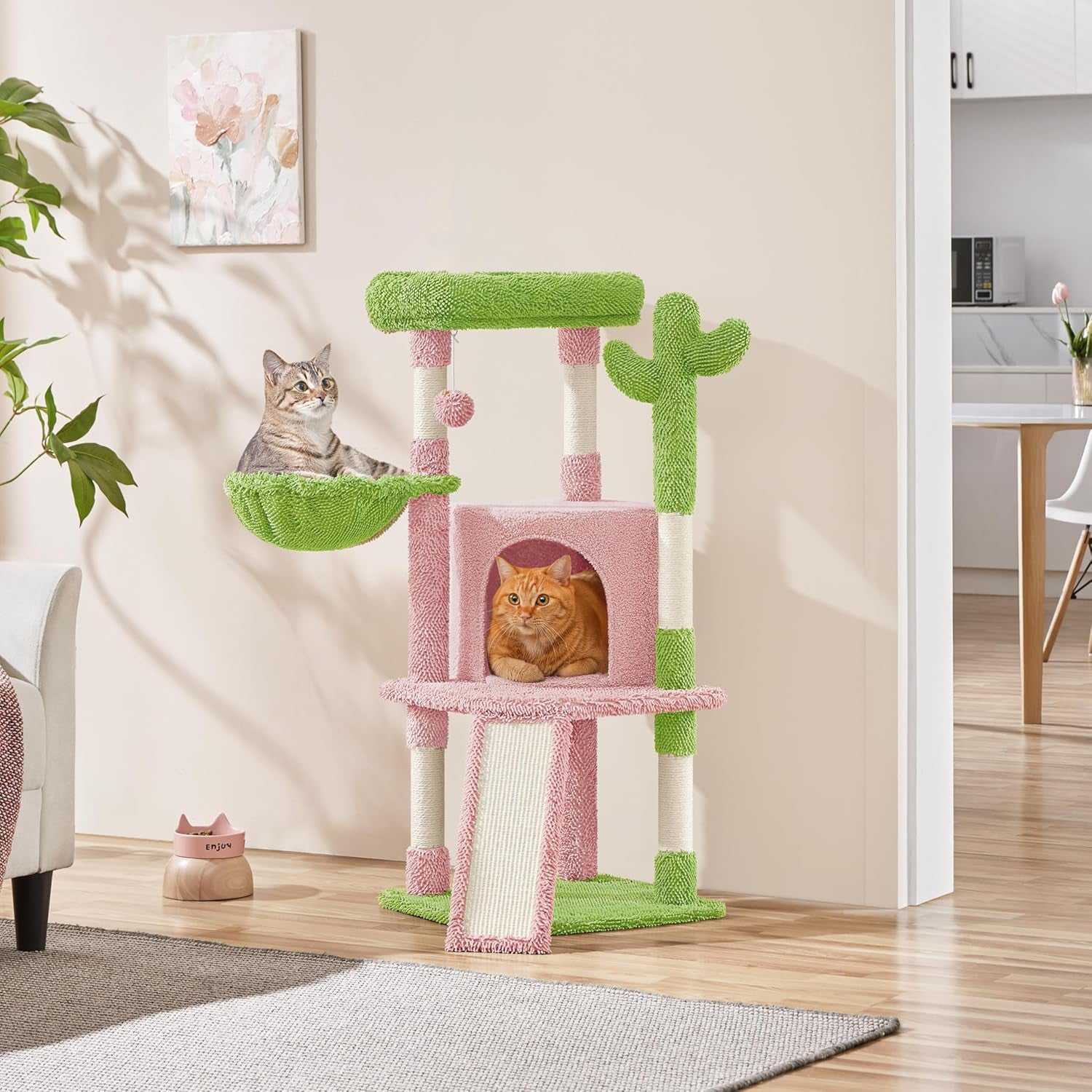 Cactus Cat Tree, 42In Cat Tower for Indoor Cats, Multi Level Kitten Condo Scratching Post, Cat Activity Center Pet Furniture W/Ball, Plush Perch, Platform, Basket