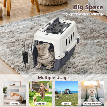 Hard-Sided Travel Pet Carrier for Small Dogs and Cats, Plastic Dog Carriers with 2-Door Top & Front Load & Ventilation & Security Lock, Cat Dog Carrier for Pet, up to 10Lbs, Grey