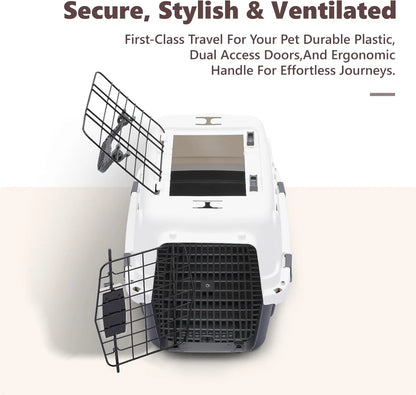Hard-Sided Travel Pet Carrier for Small Dogs and Cats, Plastic Dog Carriers with 2-Door Top & Front Load & Ventilation & Security Lock, Cat Dog Carrier for Pet, up to 10Lbs, Grey