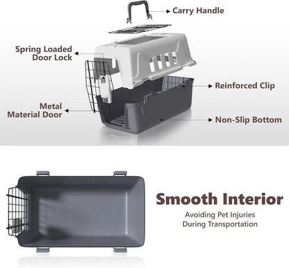 Hard-Sided Travel Pet Carrier for Small Dogs and Cats, Plastic Dog Carriers with 2-Door Top & Front Load & Ventilation & Security Lock, Cat Dog Carrier for Pet, up to 10Lbs, Grey