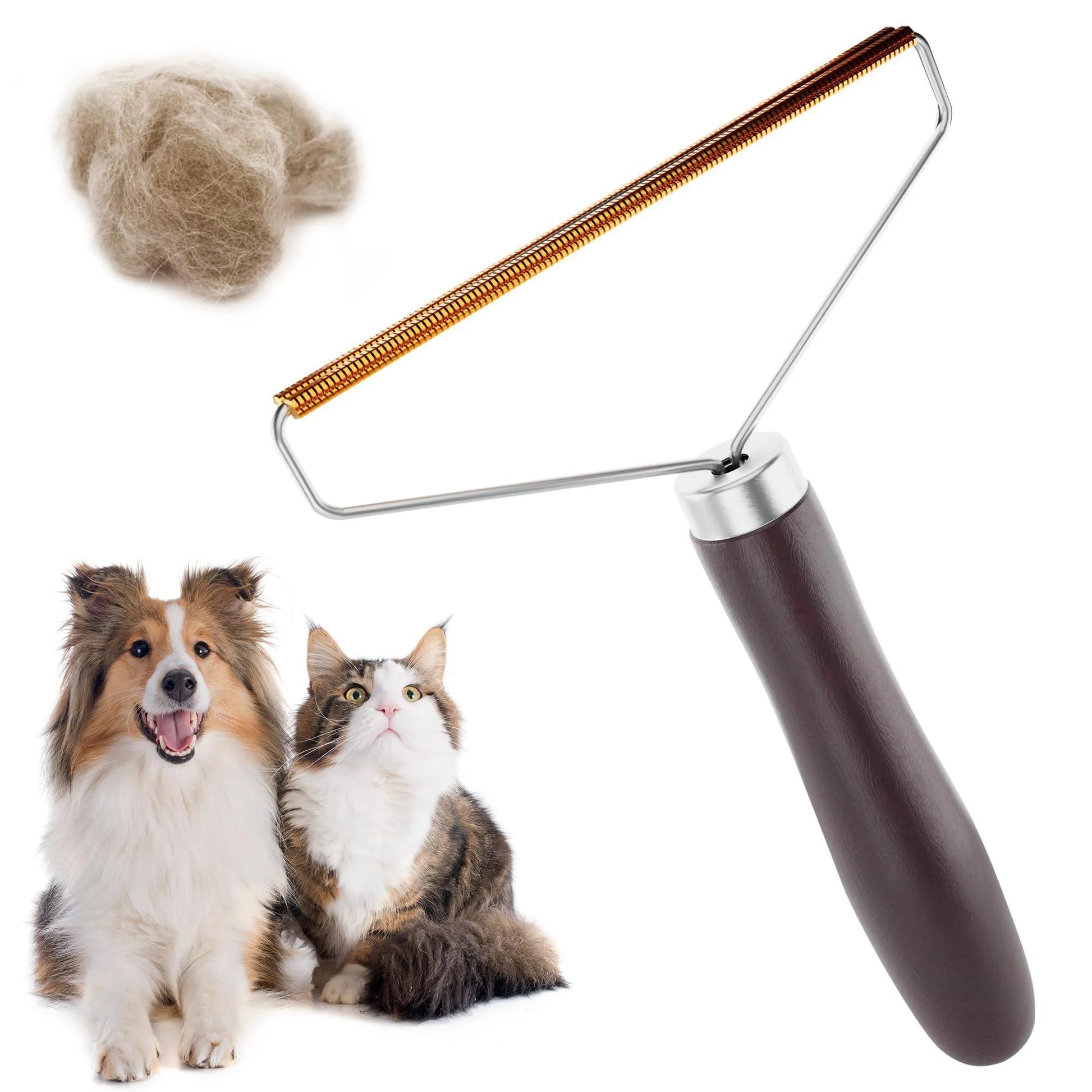 Pet Hair Remover for Furniture Cat and Dog Fur Remover Tool Reusable Lint Cleaner with Copper Teeth Cutters and Wooden Handle Metal Pet Hair Removal Tool for Carpet Portable Couch Cleaner